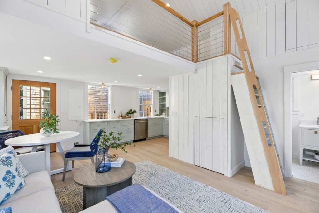 This detached ADU in Massachusetts includes a kitchen and a loft